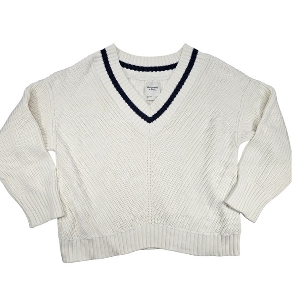 Abercrombie Fitch Cream V Neck Knit Sweater Pullover XL - Picture 1 of 9